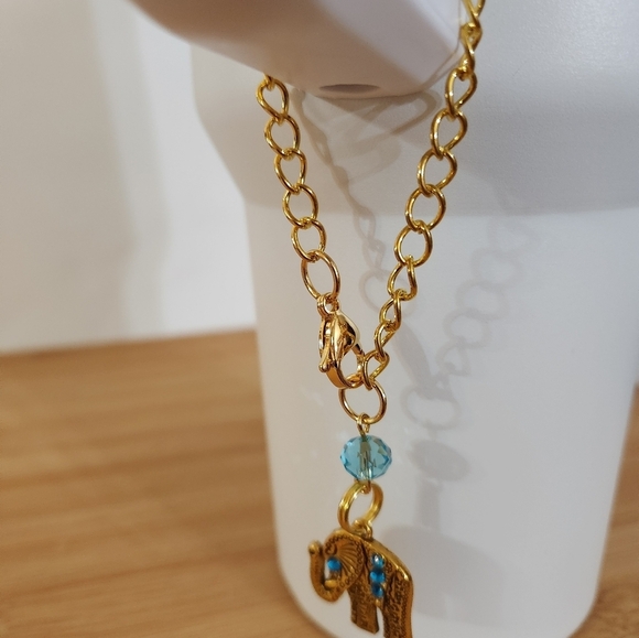 Hand Crafted Stanley Cup Charm Elephant Gold Metal Turquoise Crystals Cup Handle - Picture 8 of 11